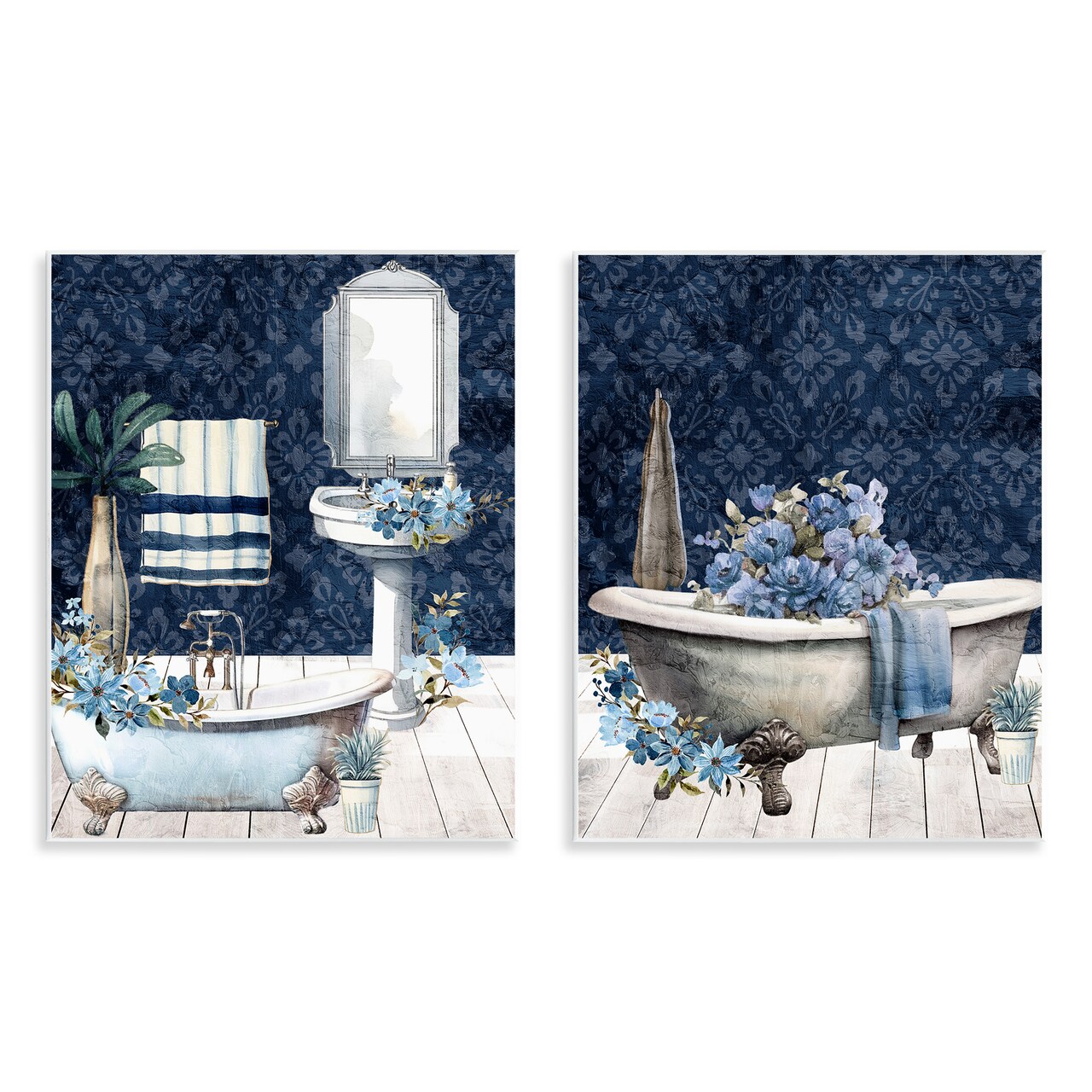 Stupell Industries Blue Bath Floral Interior 2pc Wall Plaque Set, design by Kim Allen